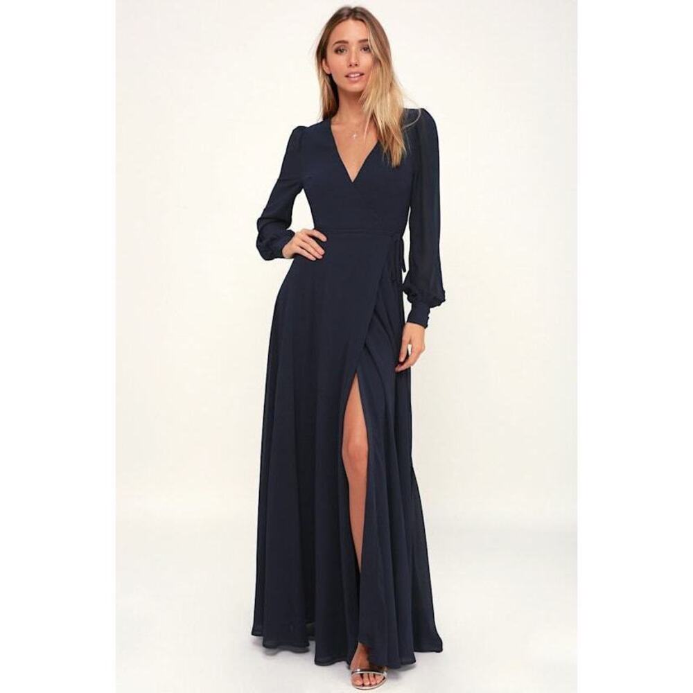 Lulus My Whole Heart Dark Navy Blue Long Sleeve Wrap Dress - Size 1X